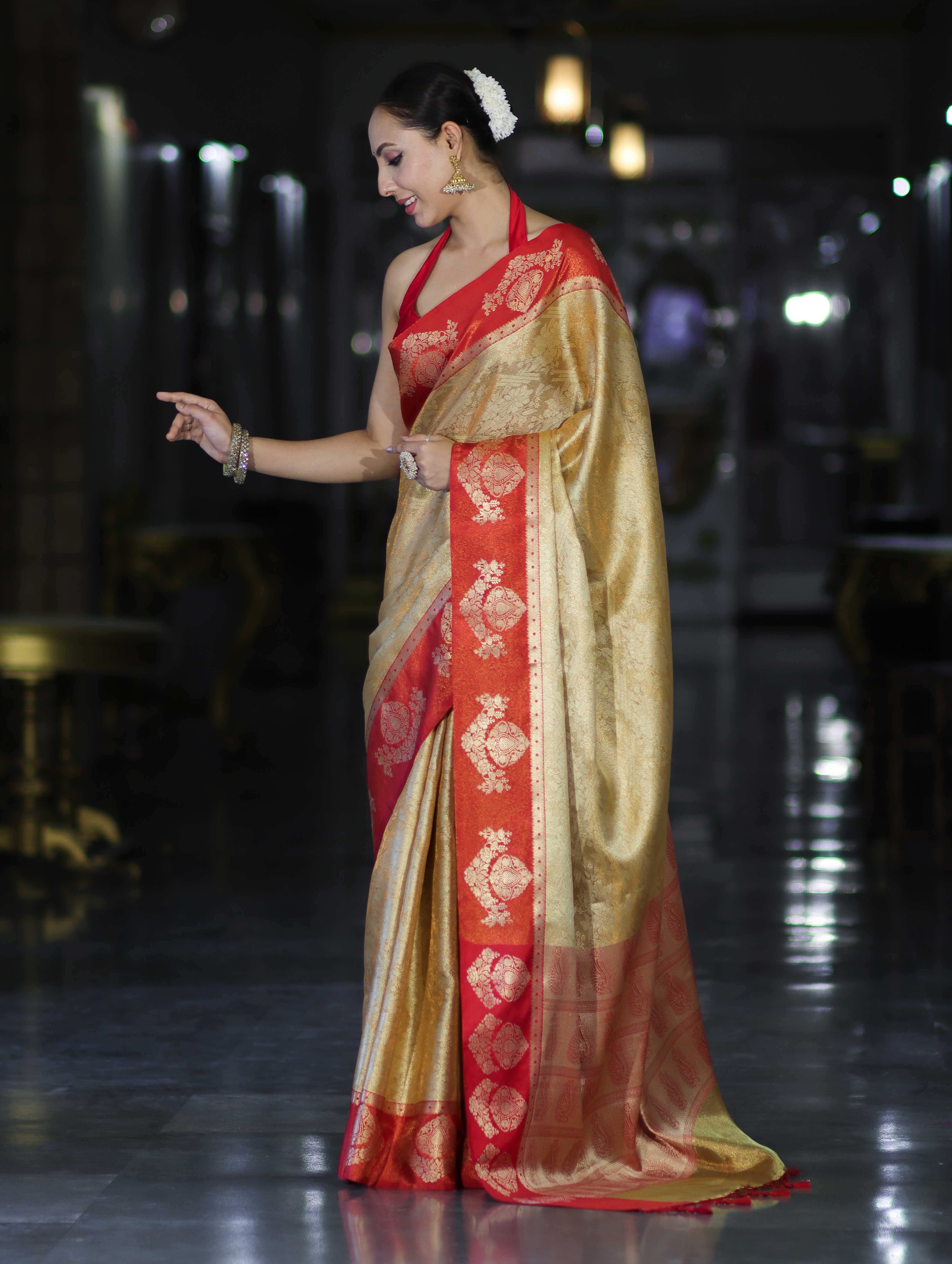 Banarasee Handloom Zari Woven Tissue Saree With Contrast Satin Border-Gold & Red