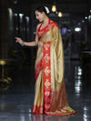 Banarasee Handloom Zari Woven Tissue Saree With Contrast Satin Border-Gold & Red