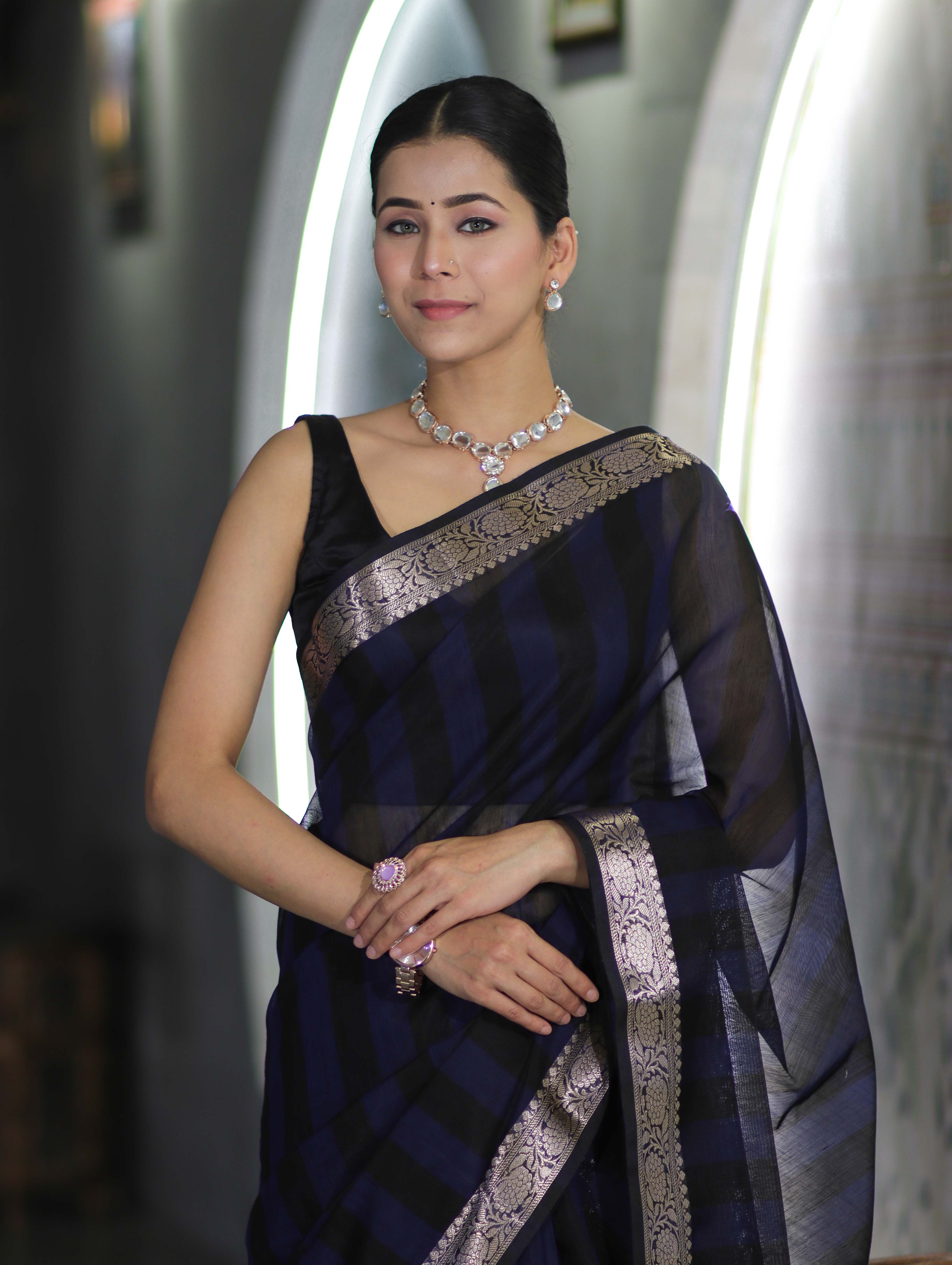 Banarasee Cotton Silk Saree With Stripes Pattern & Floral Zari Border-Blue & Black