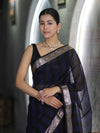 Banarasee Cotton Silk Saree With Stripes Pattern & Floral Zari Border-Blue & Black