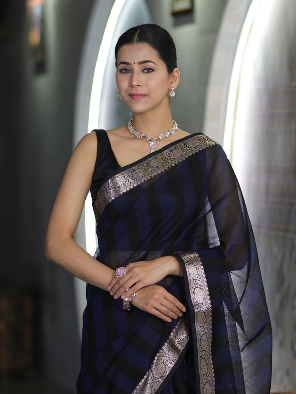 Banarasee Cotton Silk Saree With Stripes Pattern & Floral Zari Border-Blue & Black