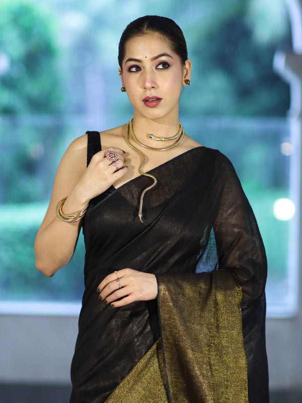 Bhagalpur Handloom Dual Color Linen Tissue Metallic Shine Saree-Black & Gold