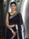 Banarasee Cotton Silk Saree With Stripes Pattern & Floral Zari Border-Blue & Black
