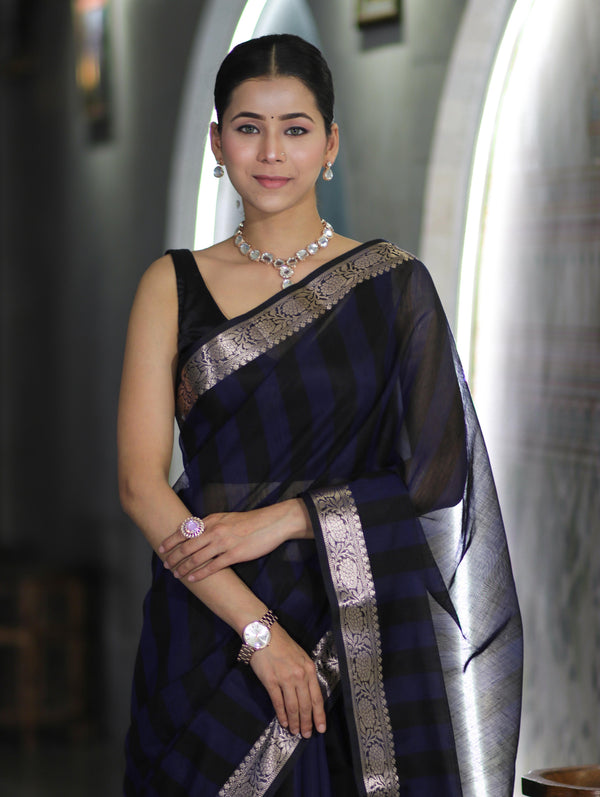 Banarasee Cotton Silk Saree With Stripes Pattern & Floral Zari Border-Blue & Black