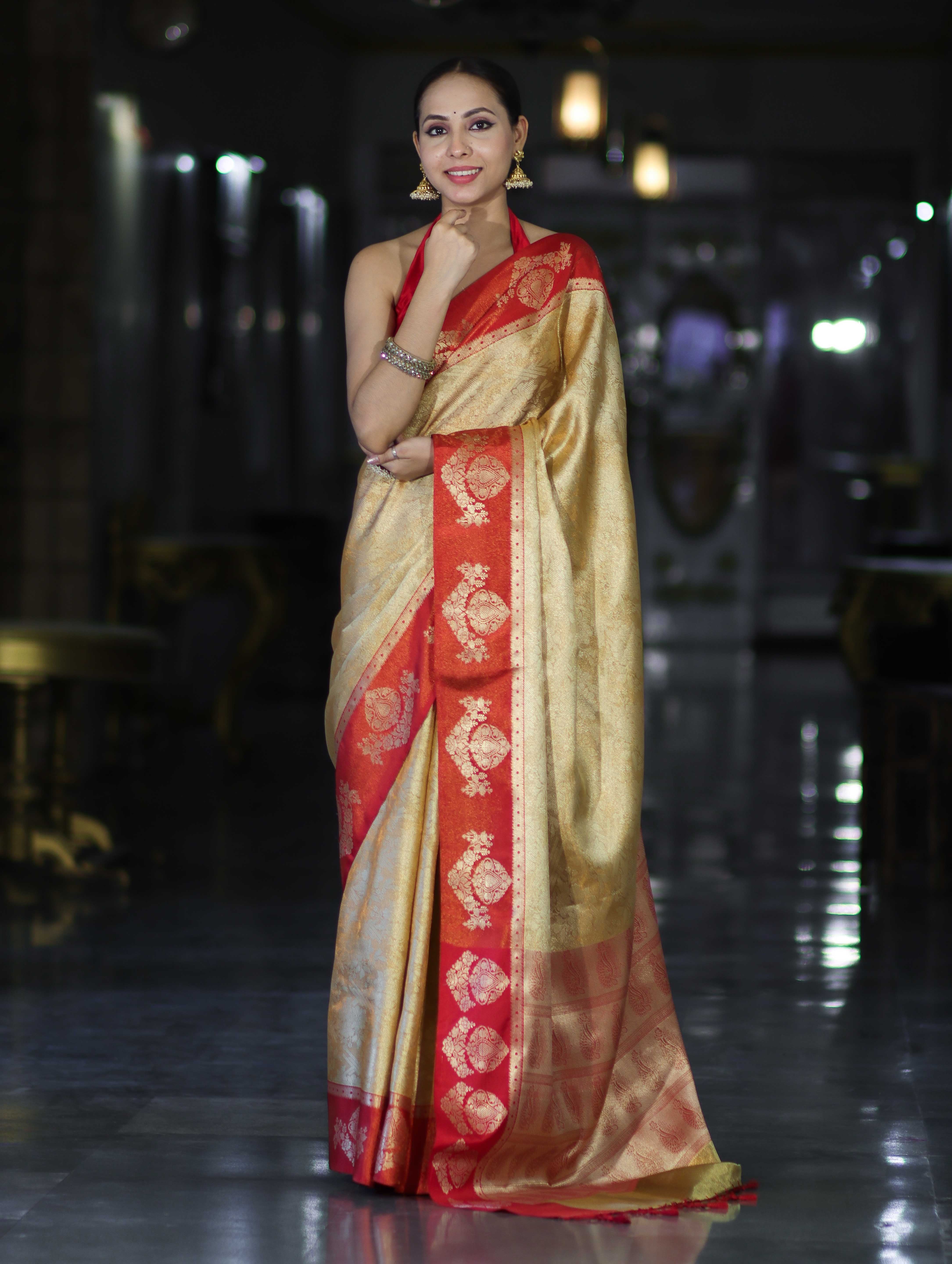 Banarasee Handloom Zari Woven Tissue Saree With Contrast Satin Border-Gold & Red