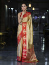 Banarasee Handloom Zari Woven Tissue Saree With Contrast Satin Border-Gold & Red