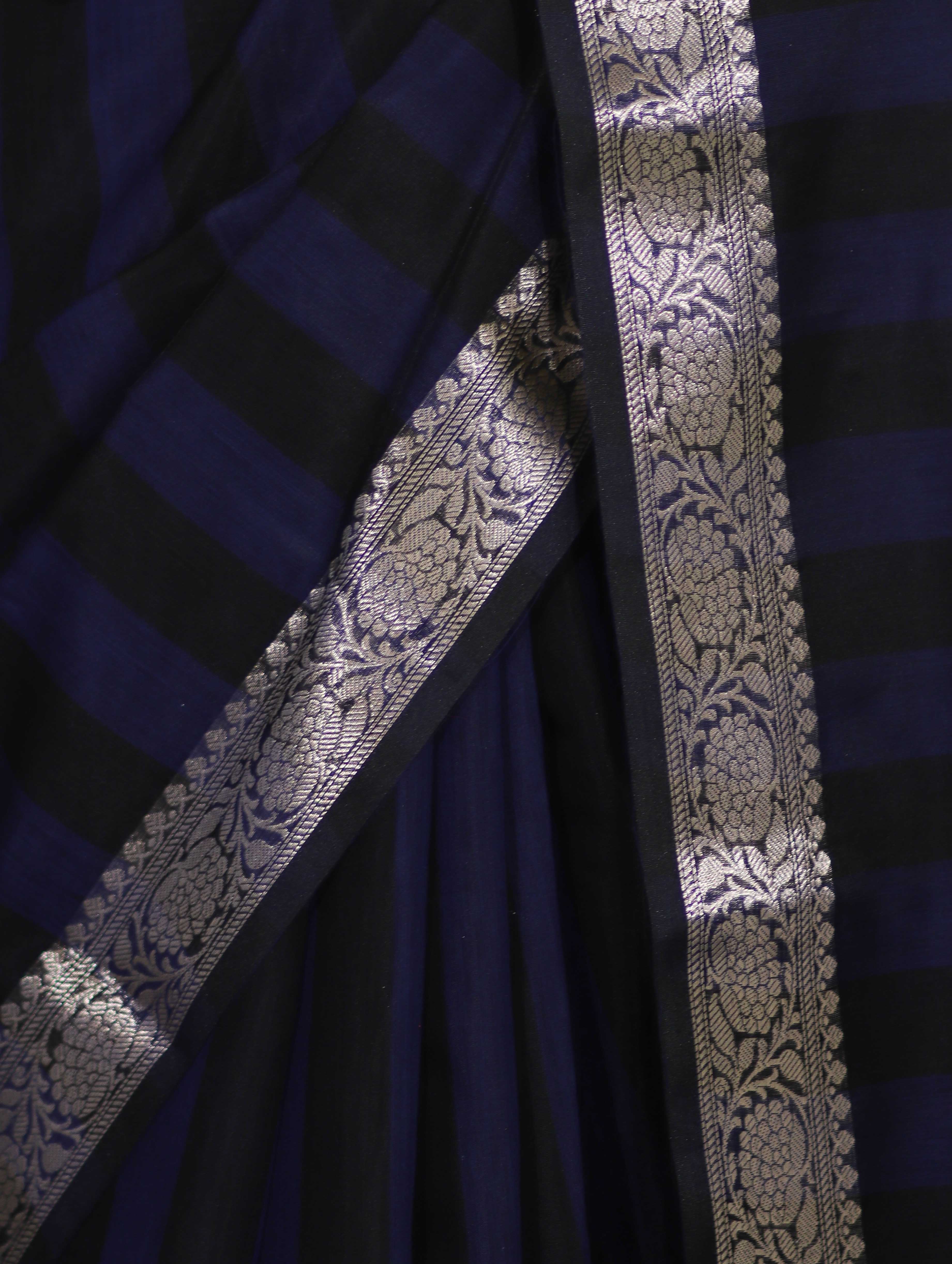 Banarasee Cotton Silk Saree With Stripes Pattern & Floral Zari Border-Blue & Black