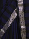 Banarasee Cotton Silk Saree With Stripes Pattern & Floral Zari Border-Blue & Black