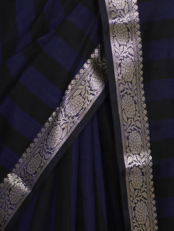 Banarasee Cotton Silk Saree With Stripes Pattern & Floral Zari Border-Blue & Black
