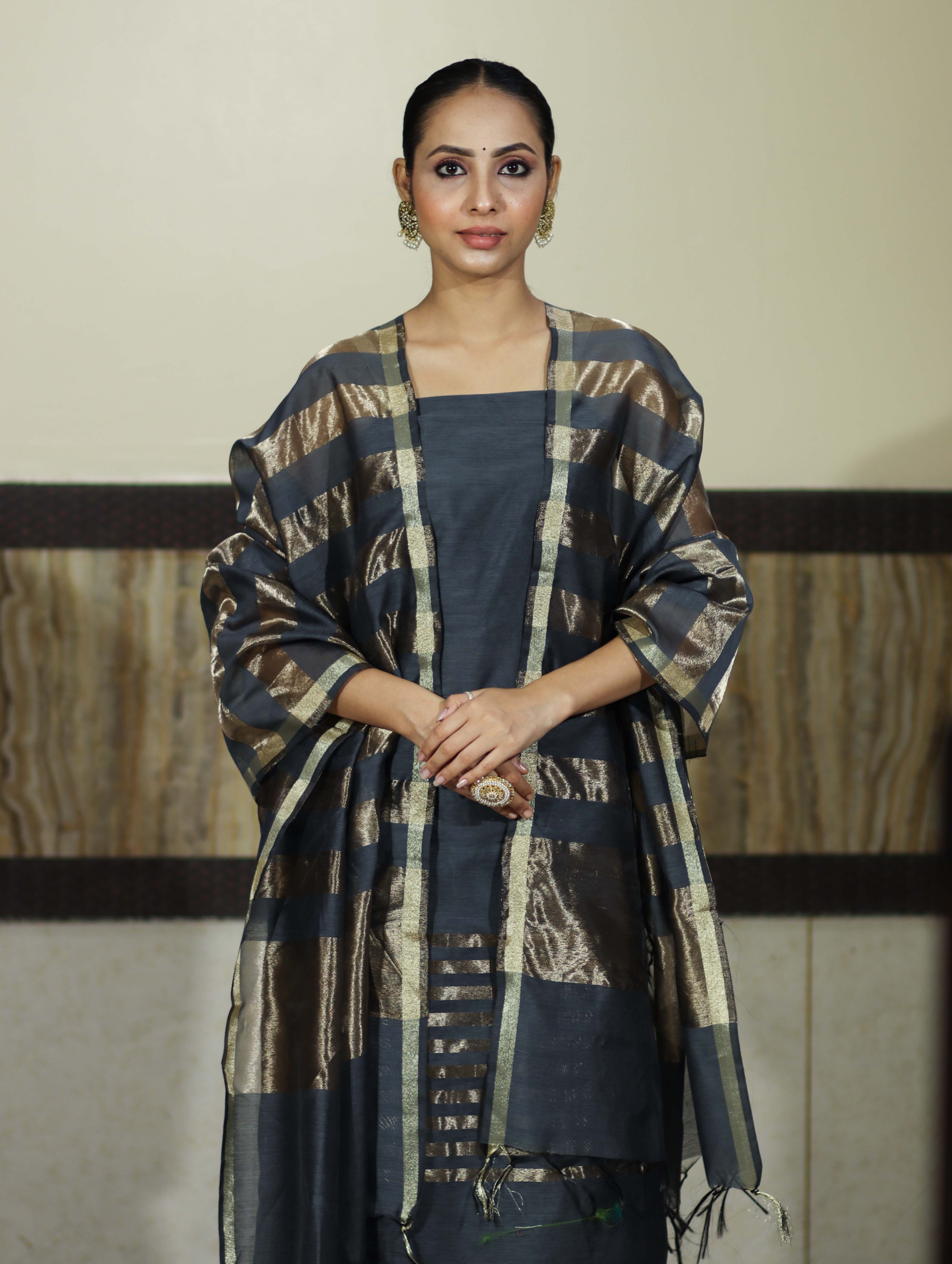 Banarasee Cotton Silk Stripe Pattern Salwar Kameez Fabric With Dupatta Set-Stone Blue