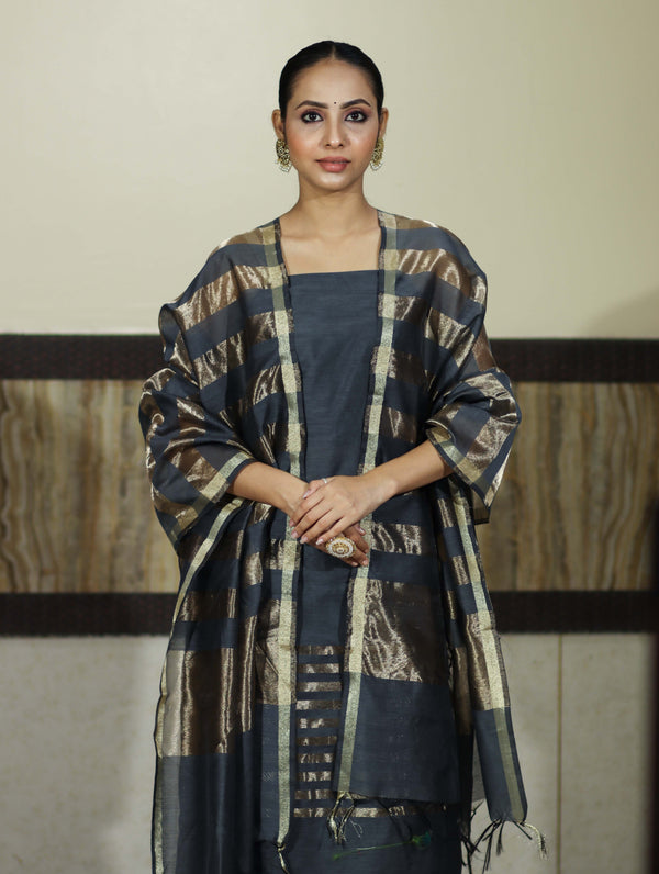 Banarasee Cotton Silk Stripe Pattern Salwar Kameez Fabric With Dupatta Set-Stone Blue