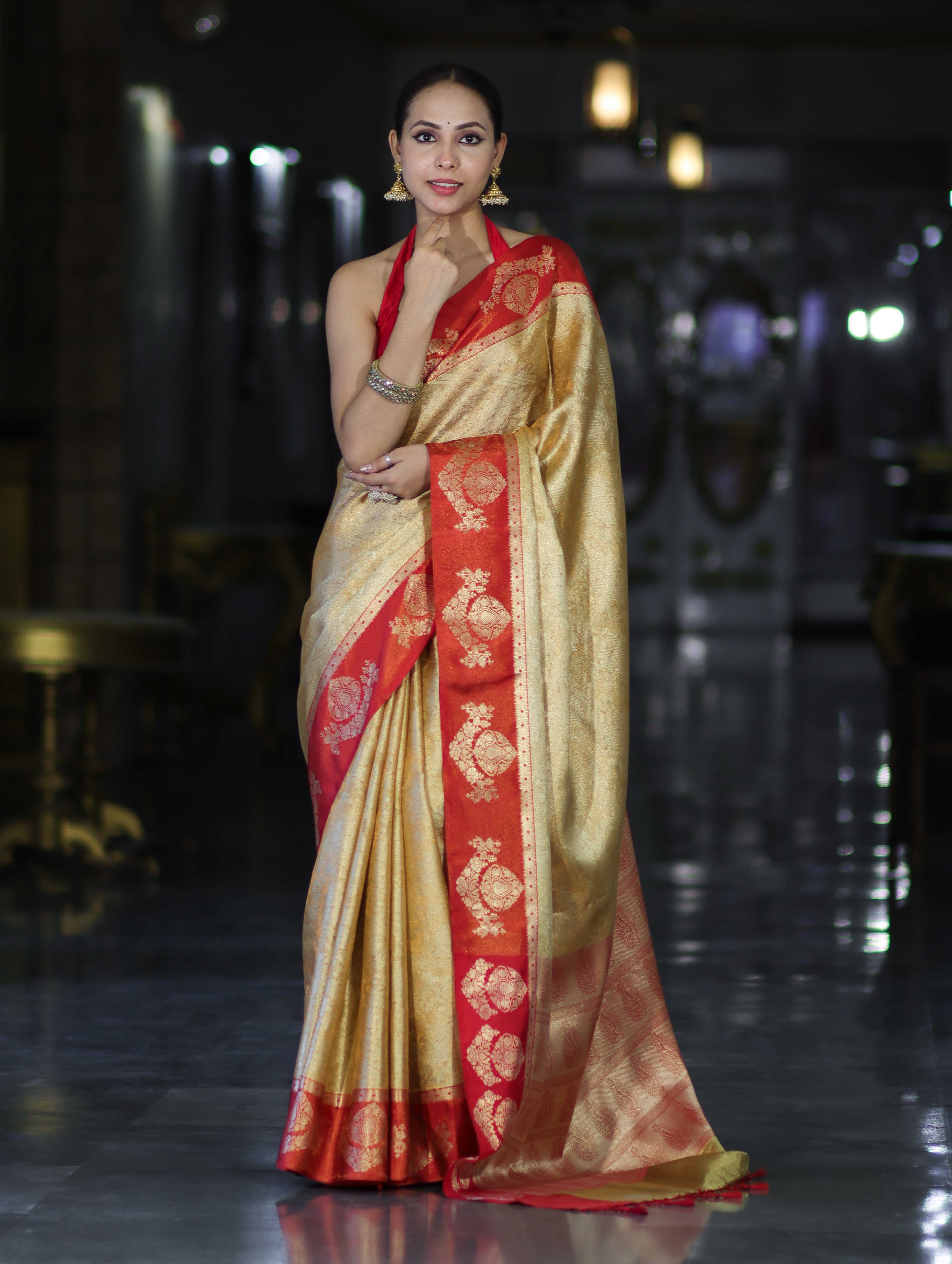 Banarasee Handloom Zari Woven Tissue Saree With Contrast Satin Border-Gold & Red
