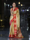 Banarasee Handloom Zari Woven Tissue Saree With Contrast Satin Border-Gold & Red