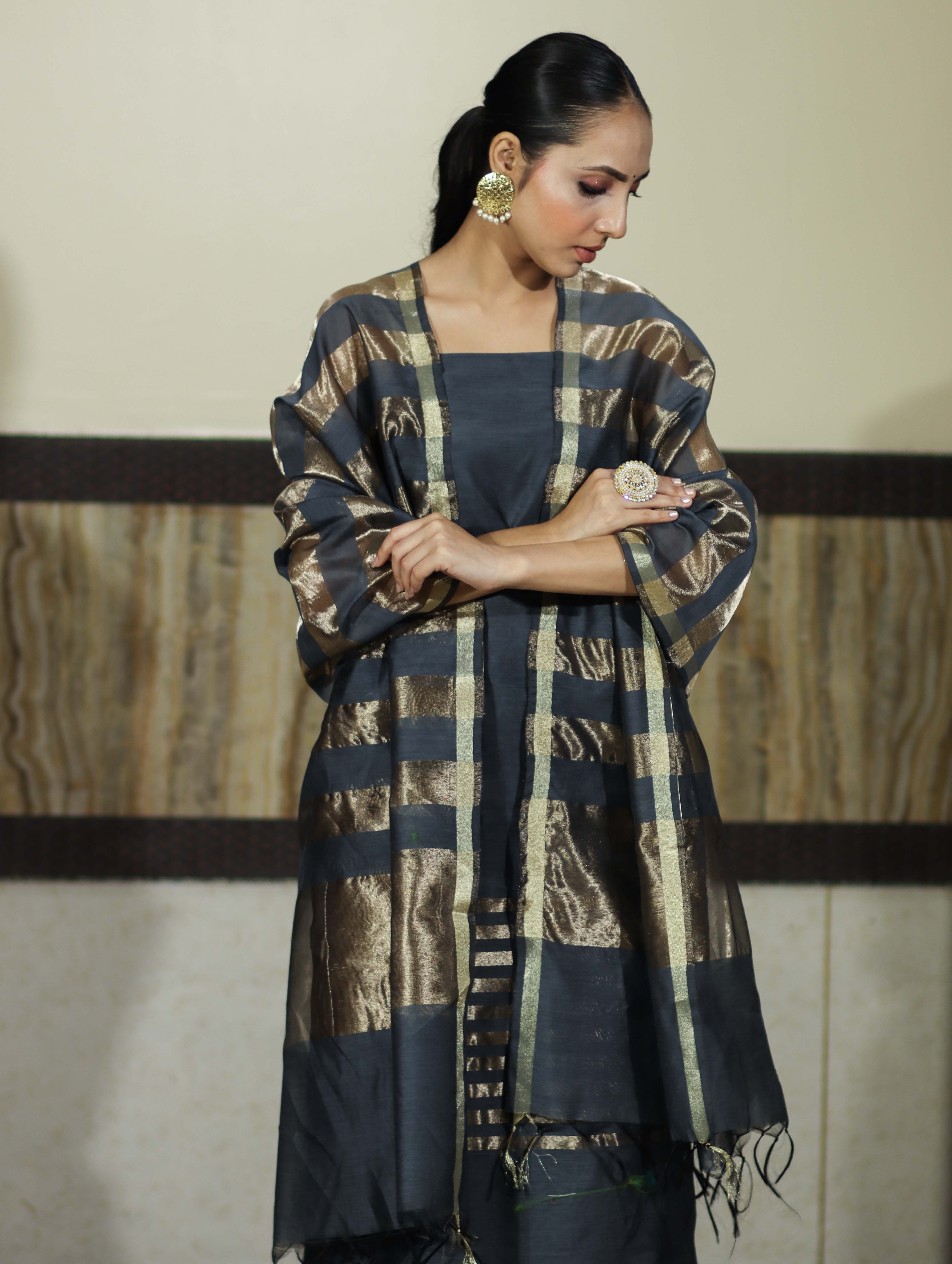 Banarasee Cotton Silk Stripe Pattern Salwar Kameez Fabric With Dupatta Set-Stone Blue