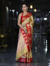 Banarasee Handloom Zari Woven Tissue Saree With Contrast Satin Border-Gold & Red