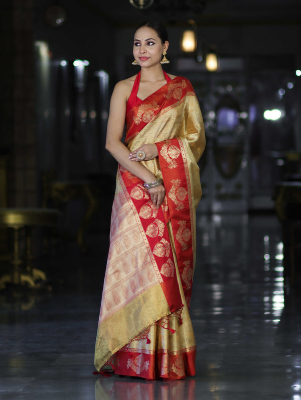 Banarasee Handloom Zari Woven Tissue Saree With Contrast Satin Border-Gold & Red