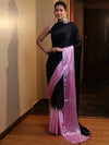 Banarasee Handloom Satin Hand Dyed Shibori Pattern Saree With Mirror Work-Black & Baby Pink