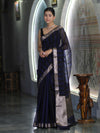 Banarasee Cotton Silk Saree With Stripes Pattern & Floral Zari Border-Blue & Black