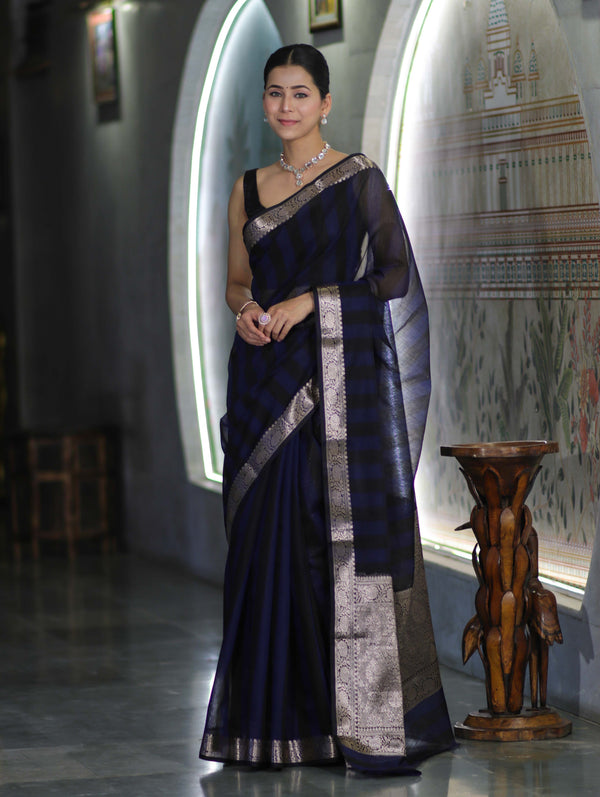 Banarasee Cotton Silk Saree With Stripes Pattern & Floral Zari Border-Blue & Black