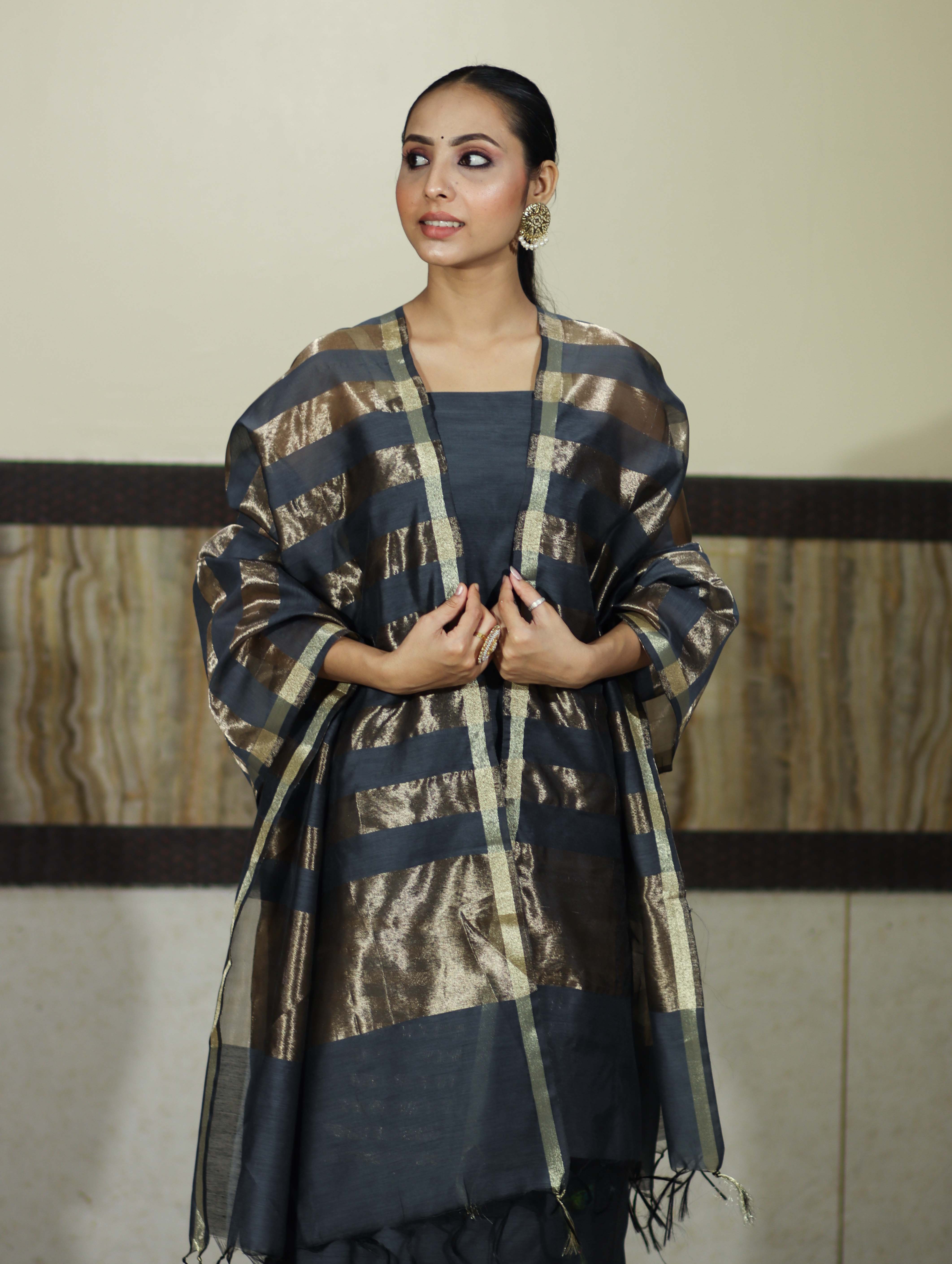 Banarasee Cotton Silk Stripe Pattern Salwar Kameez Fabric With Dupatta Set-Stone Blue