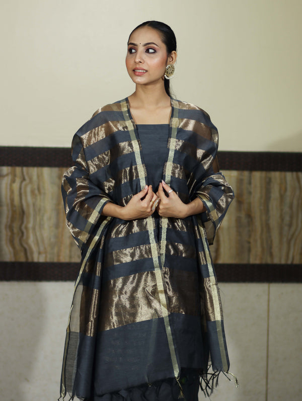 Banarasee Cotton Silk Stripe Pattern Salwar Kameez Fabric With Dupatta Set-Stone Blue