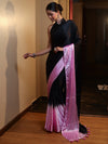 Banarasee Handloom Satin Hand Dyed Shibori Pattern Saree With Mirror Work-Black & Baby Pink