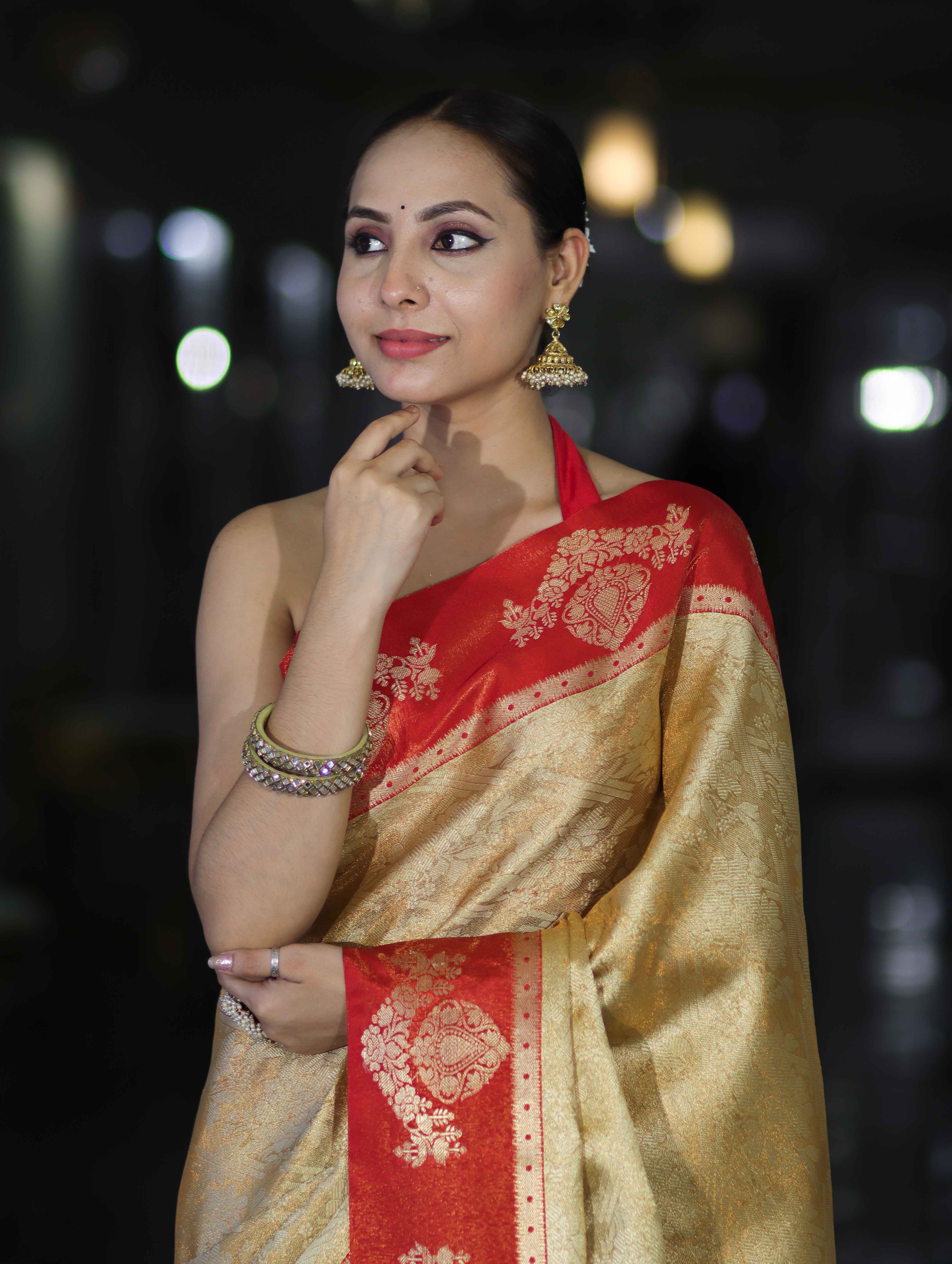 Banarasee Handloom Zari Woven Tissue Saree With Contrast Satin Border-Gold & Red