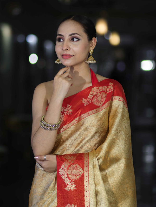 Banarasee Handloom Zari Woven Tissue Saree With Contrast Satin Border-Gold & Red
