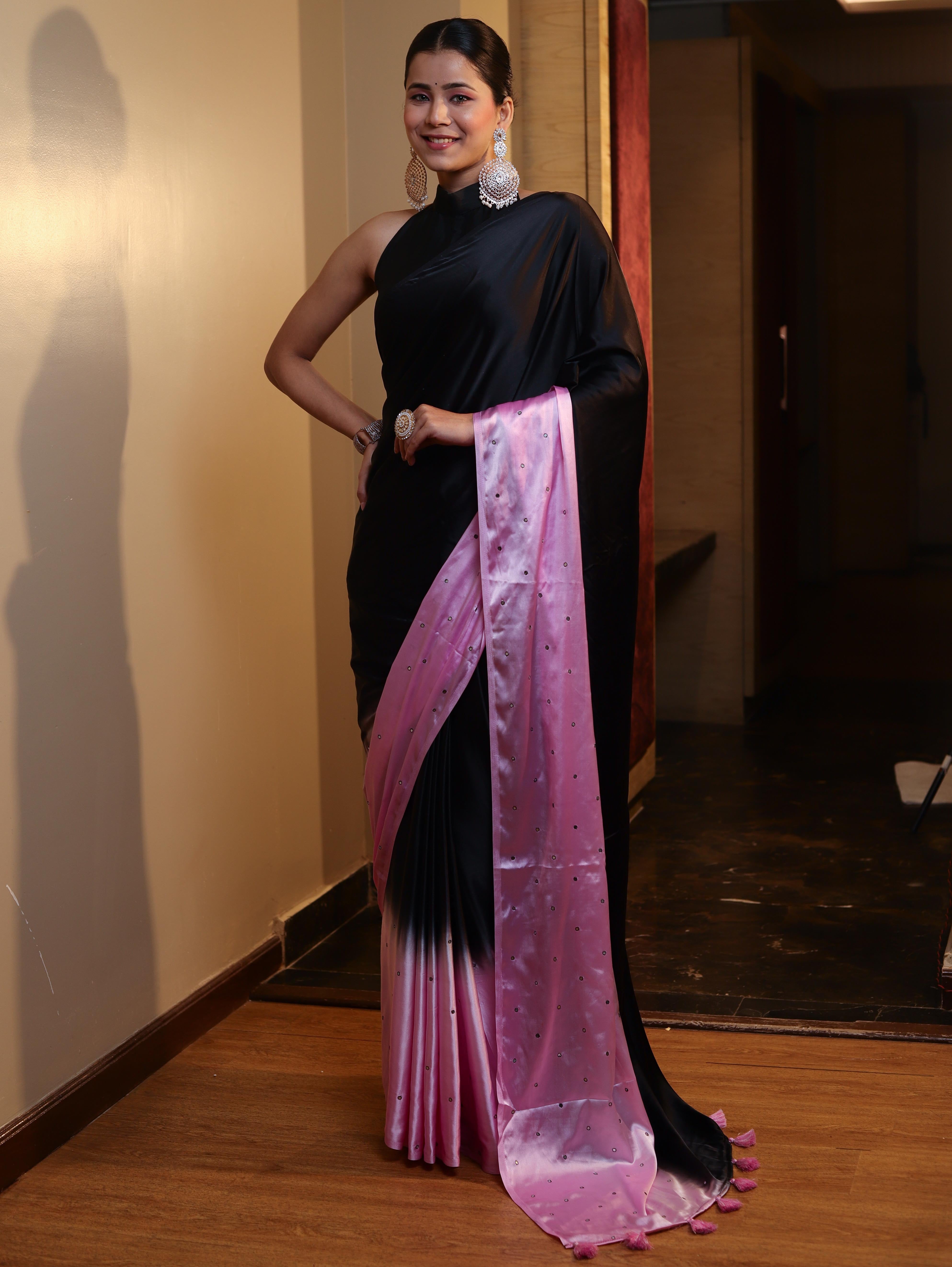 Banarasee Handloom Satin Hand Dyed Shibori Pattern Saree With Mirror Work-Black & Baby Pink