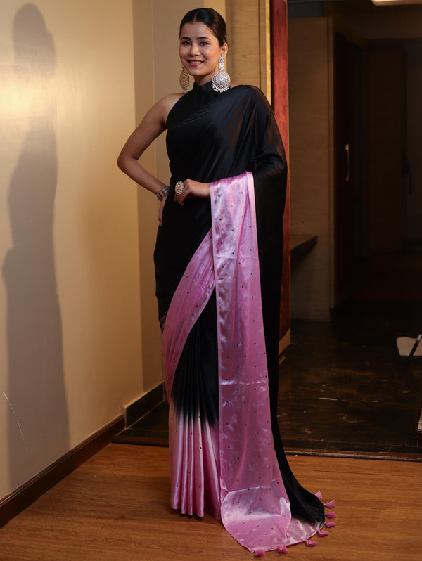 Banarasee Handloom Satin Hand Dyed Shibori Pattern Saree With Mirror Work-Black & Baby Pink