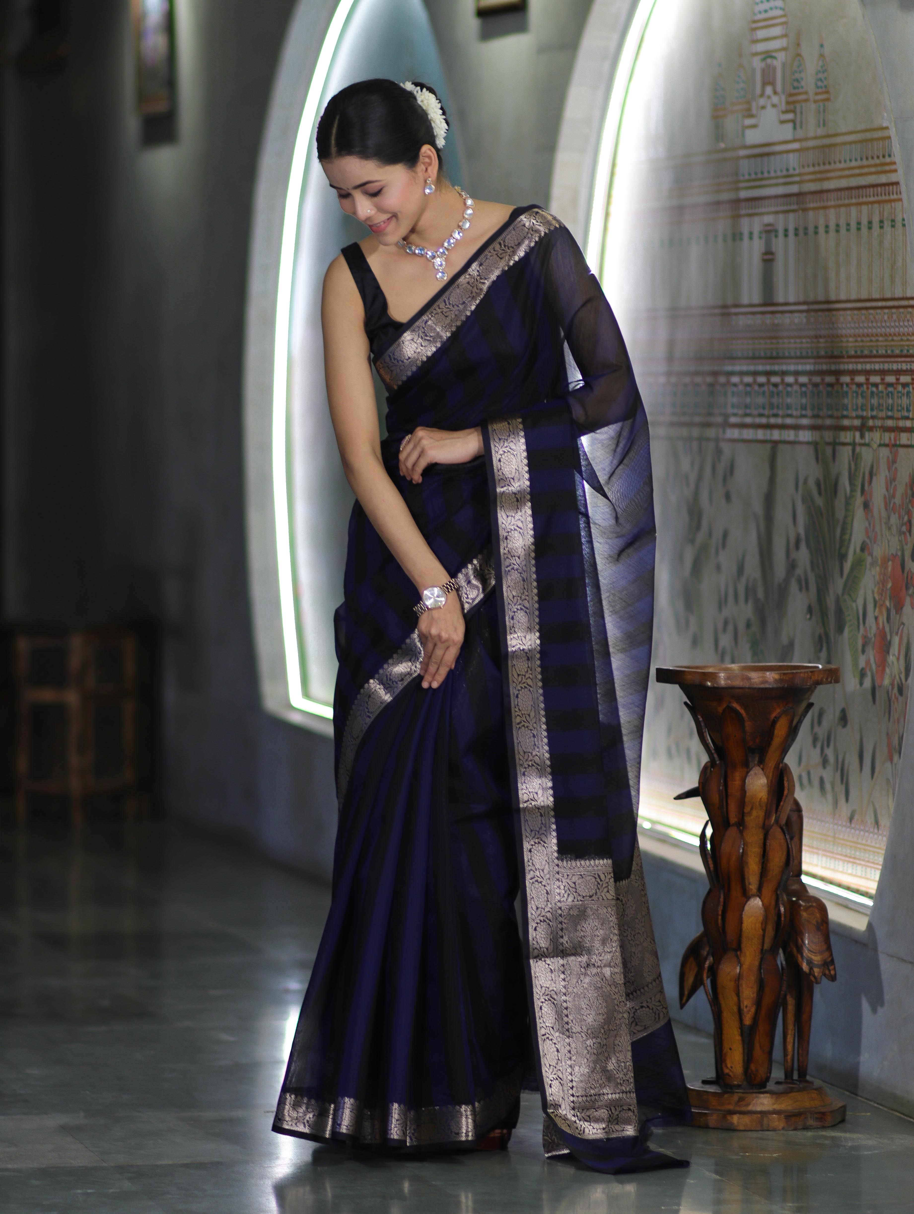 Banarasee Cotton Silk Saree With Stripes Pattern & Floral Zari Border-Blue & Black