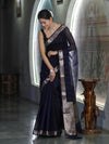 Banarasee Cotton Silk Saree With Stripes Pattern & Floral Zari Border-Blue & Black