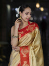 Banarasee Handloom Zari Woven Tissue Saree With Contrast Satin Border-Gold & Red