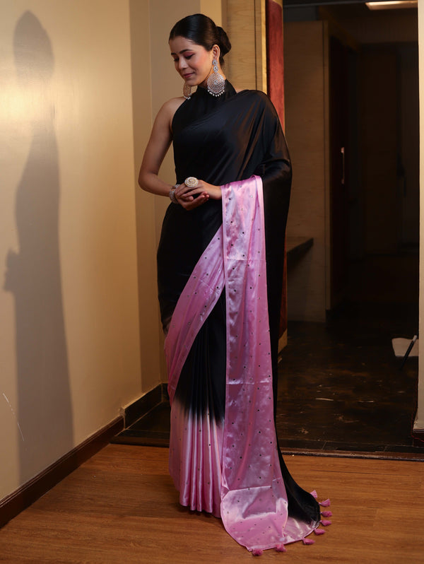 Banarasee Handloom Satin Hand Dyed Shibori Pattern Saree With Mirror Work-Black & Baby Pink