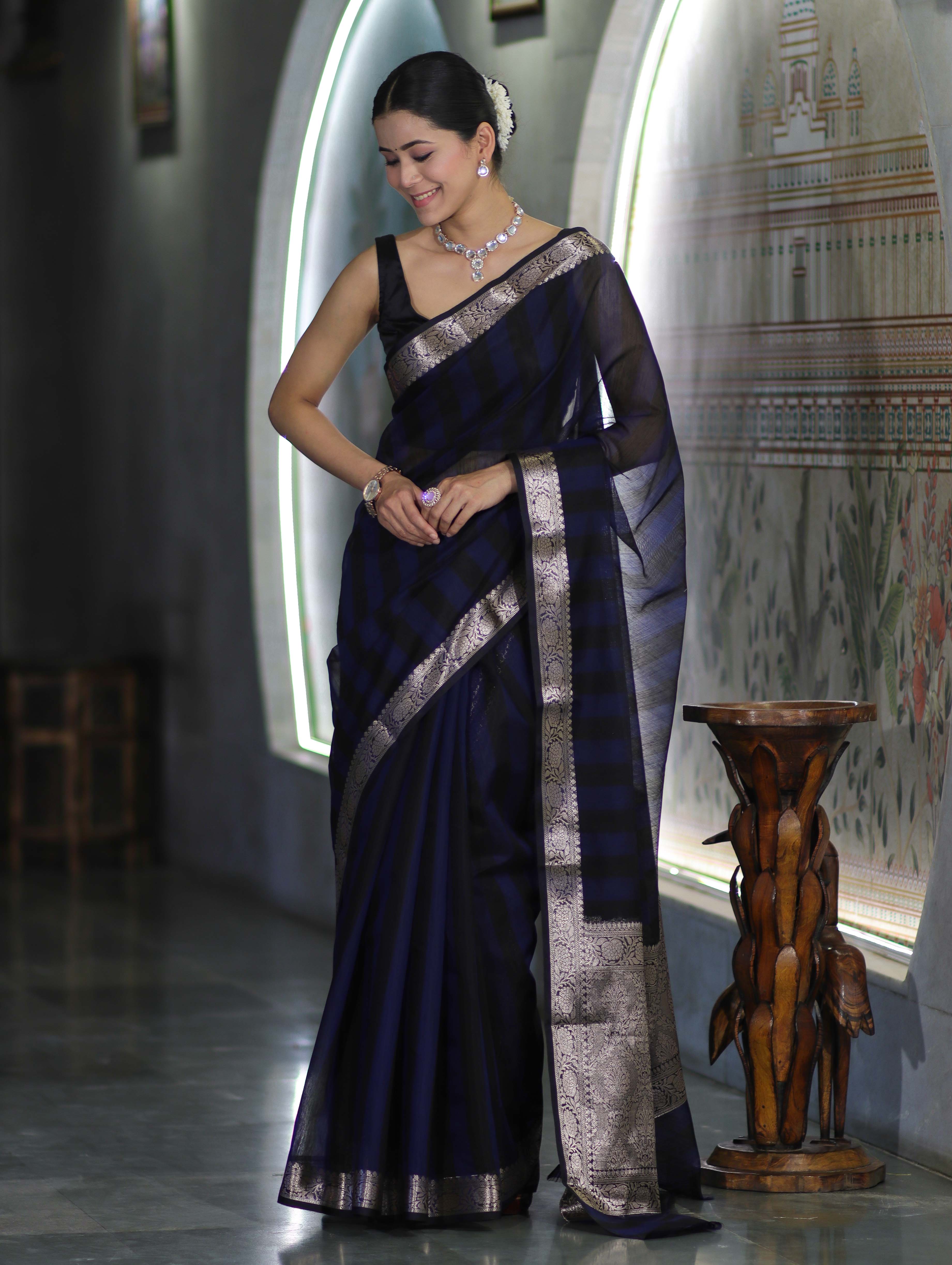 Banarasee Cotton Silk Saree With Stripes Pattern & Floral Zari Border-Blue & Black