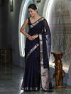 Banarasee Cotton Silk Saree With Stripes Pattern & Floral Zari Border-Blue & Black