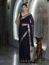 Banarasee Cotton Silk Saree With Stripes Pattern & Floral Zari Border-Blue & Black