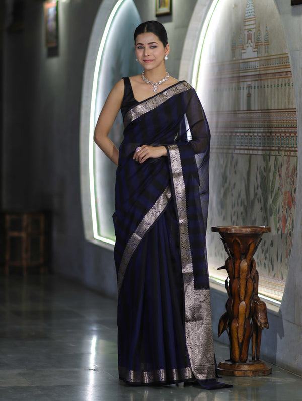 Banarasee Cotton Silk Saree With Stripes Pattern & Floral Zari Border-Blue & Black