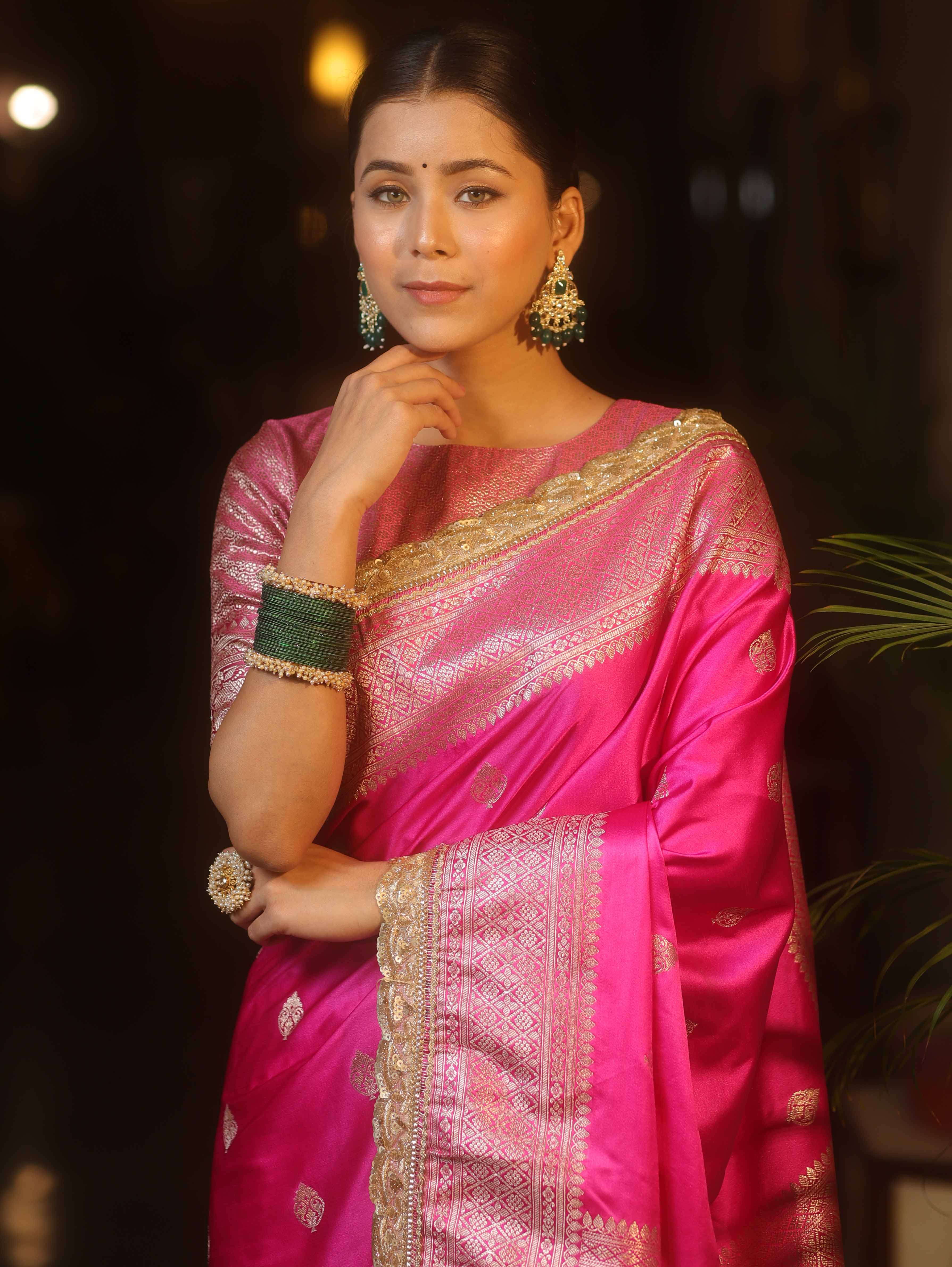 Banarasee Handloom Mashru Silk Saree Zari Border With Lace-Pink