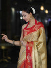 Banarasee Handloom Zari Woven Tissue Saree With Contrast Satin Border-Gold & Red