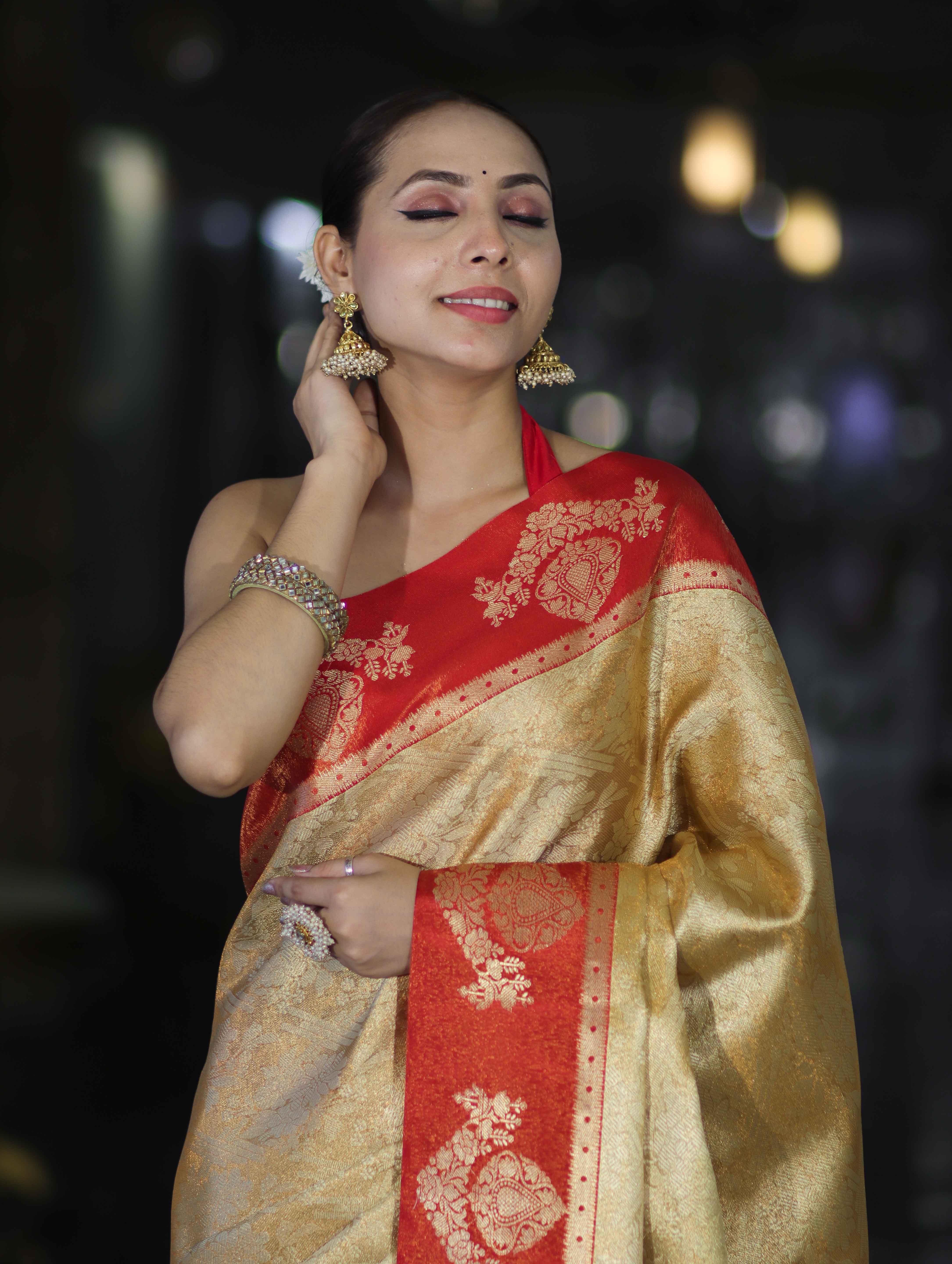 Banarasee Handloom Zari Woven Tissue Saree With Contrast Satin Border-Gold & Red