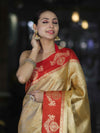 Banarasee Handloom Zari Woven Tissue Saree With Contrast Satin Border-Gold & Red