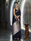 Banarasee Cotton Silk Saree With Stripes Pattern & Floral Zari Border-Blue & Black