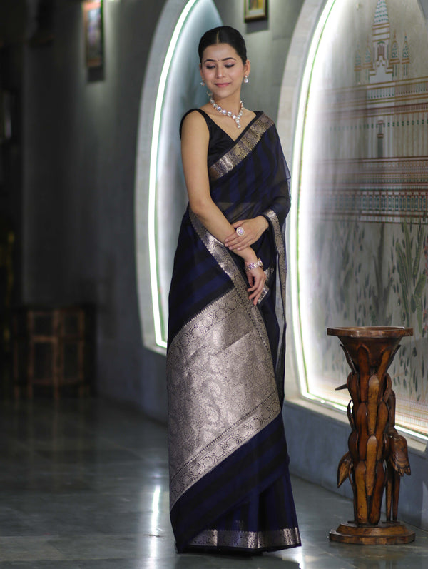 Banarasee Cotton Silk Saree With Stripes Pattern & Floral Zari Border-Blue & Black