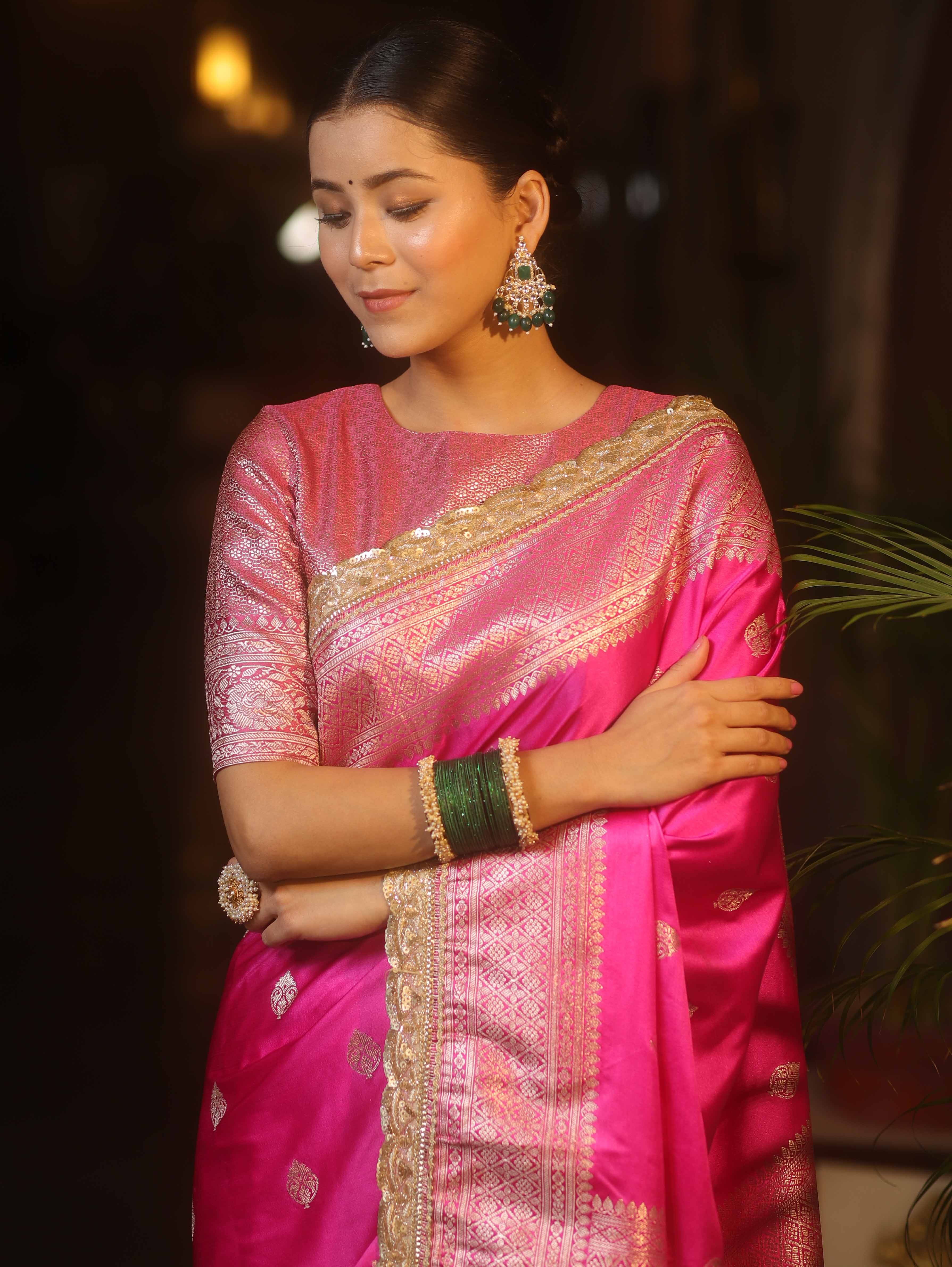 Banarasee Handloom Mashru Silk Saree Zari Border With Lace-Pink