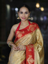 Banarasee Handloom Zari Woven Tissue Saree With Contrast Satin Border-Gold & Red