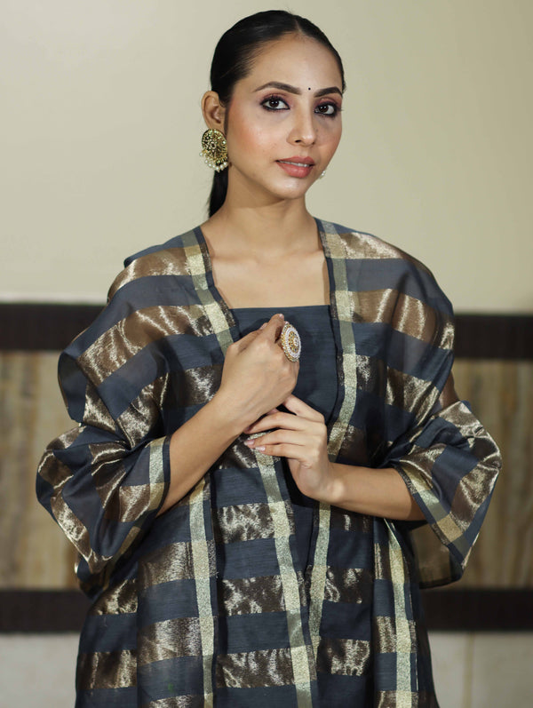 Banarasee Cotton Silk Stripe Pattern Salwar Kameez Fabric With Dupatta Set-Stone Blue