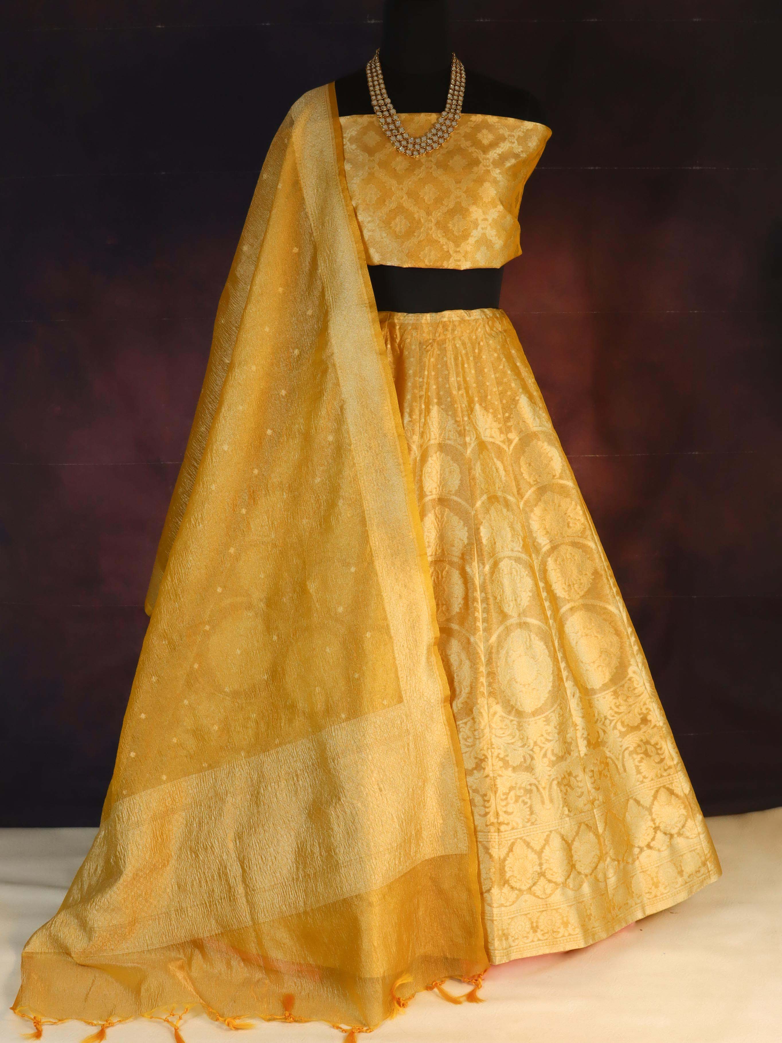Banarasee Tissue Unstitched Lehenga & Blouse Fabric With Dupatta Set-Yellow