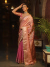 Banarasee Handwoven Plain Tissue Saree With Zari Border & Lace-Pink
