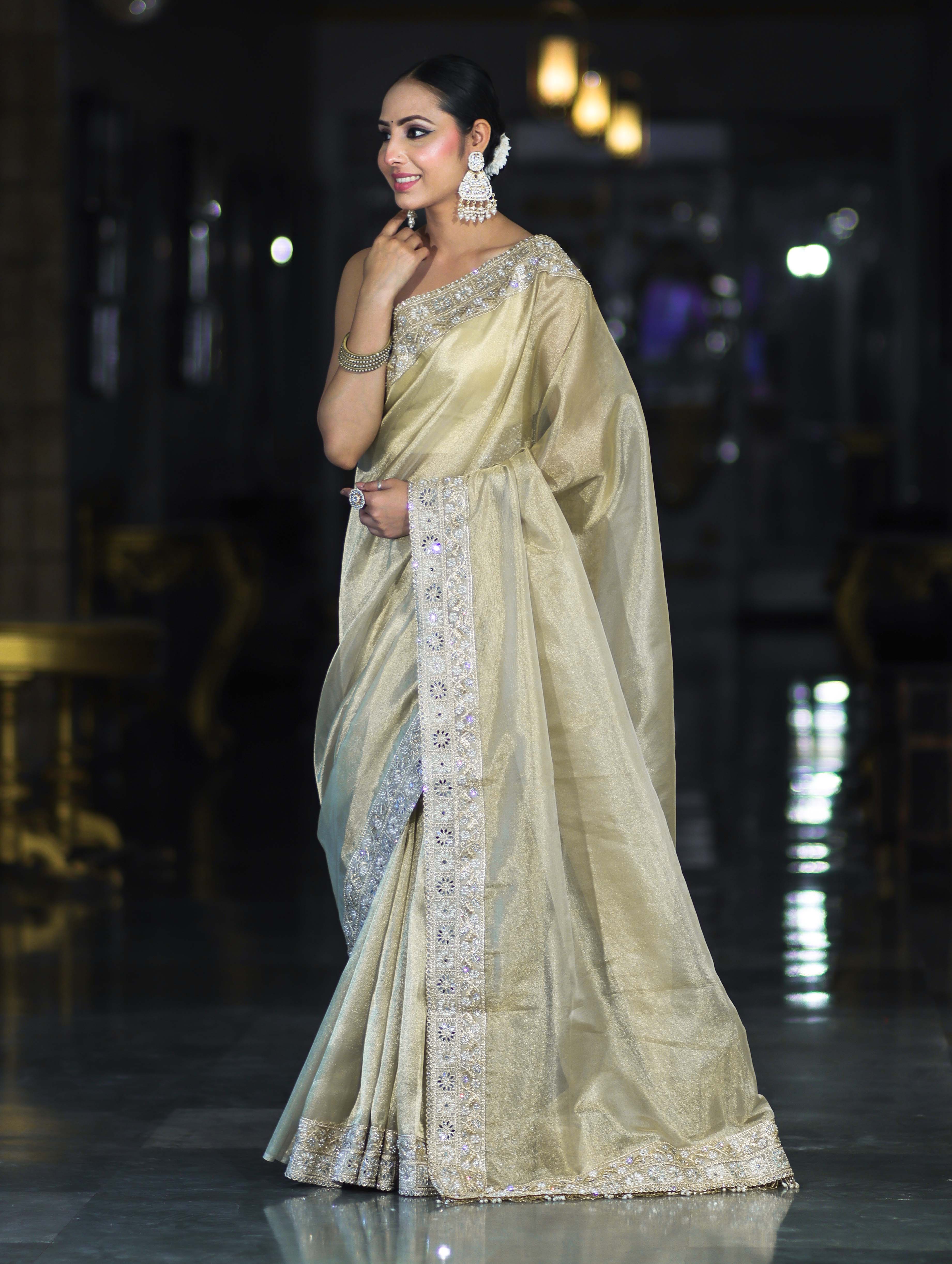 Banarasee Handloom Plain Tissue Saree With Lace Border-Cream